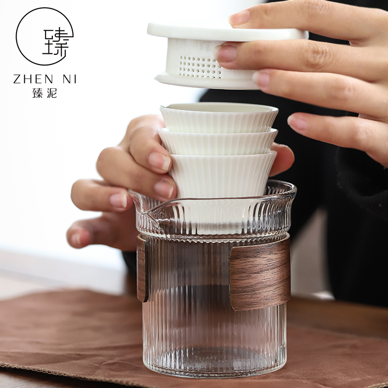 By mud travel tea set suit portable kung fu to crack a pot of three set of is suing small glass teapot