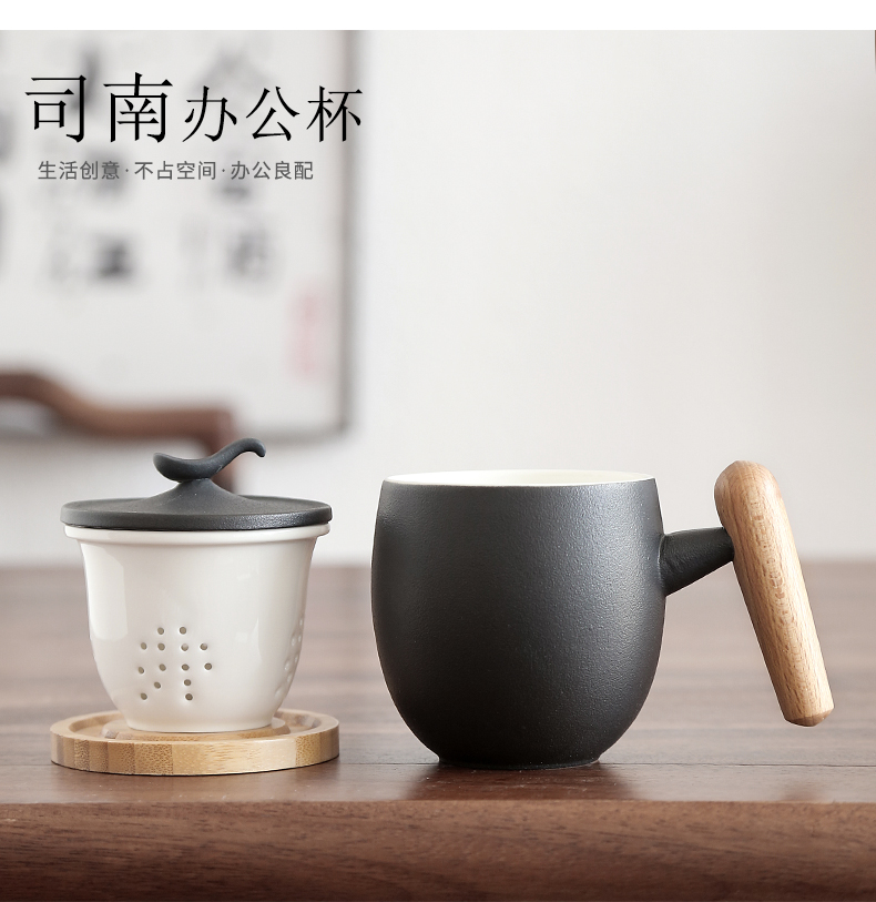 By mud wooden handle with cover glass ceramic filter keller, black pottery handwork office of large capacity make tea cup