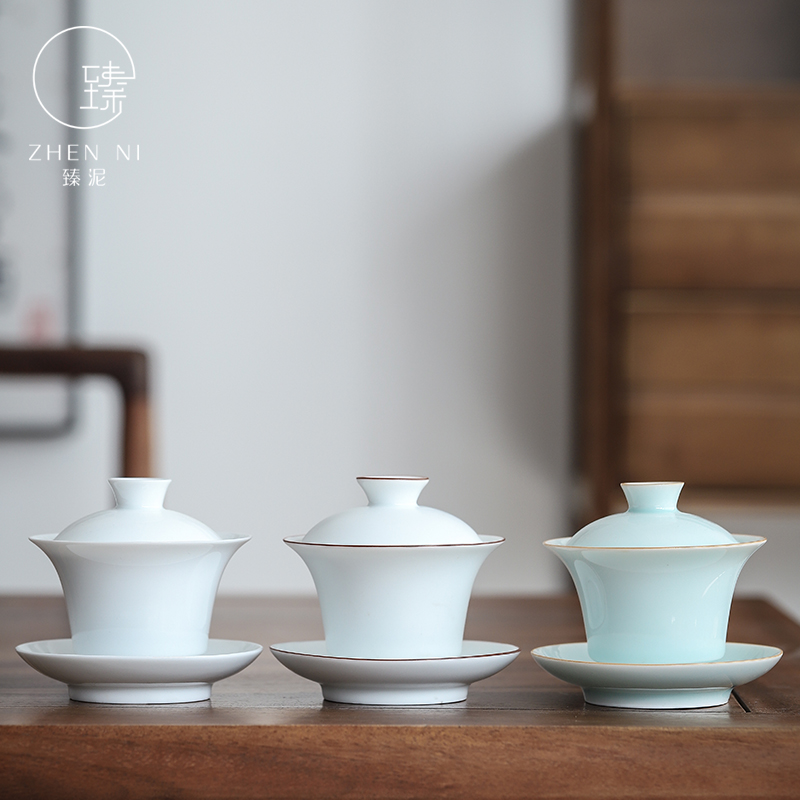 By clay ceramic tea tureen household them thin body is only three bowls of jingdezhen kung fu tea set a large bowl