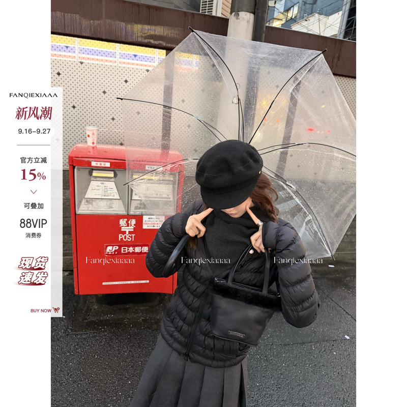 [in Stock] Tomato Hero Unique Knitted Turtleneck Ribbed down Jacket for Women, Black Lightweight down Coat