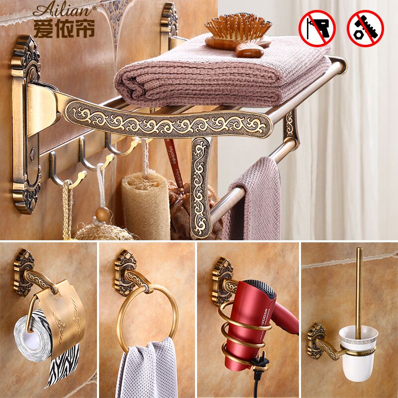 Make-up room towel rack European antique bathroom toilet rack set hardware pendant towel rack free of punching holes