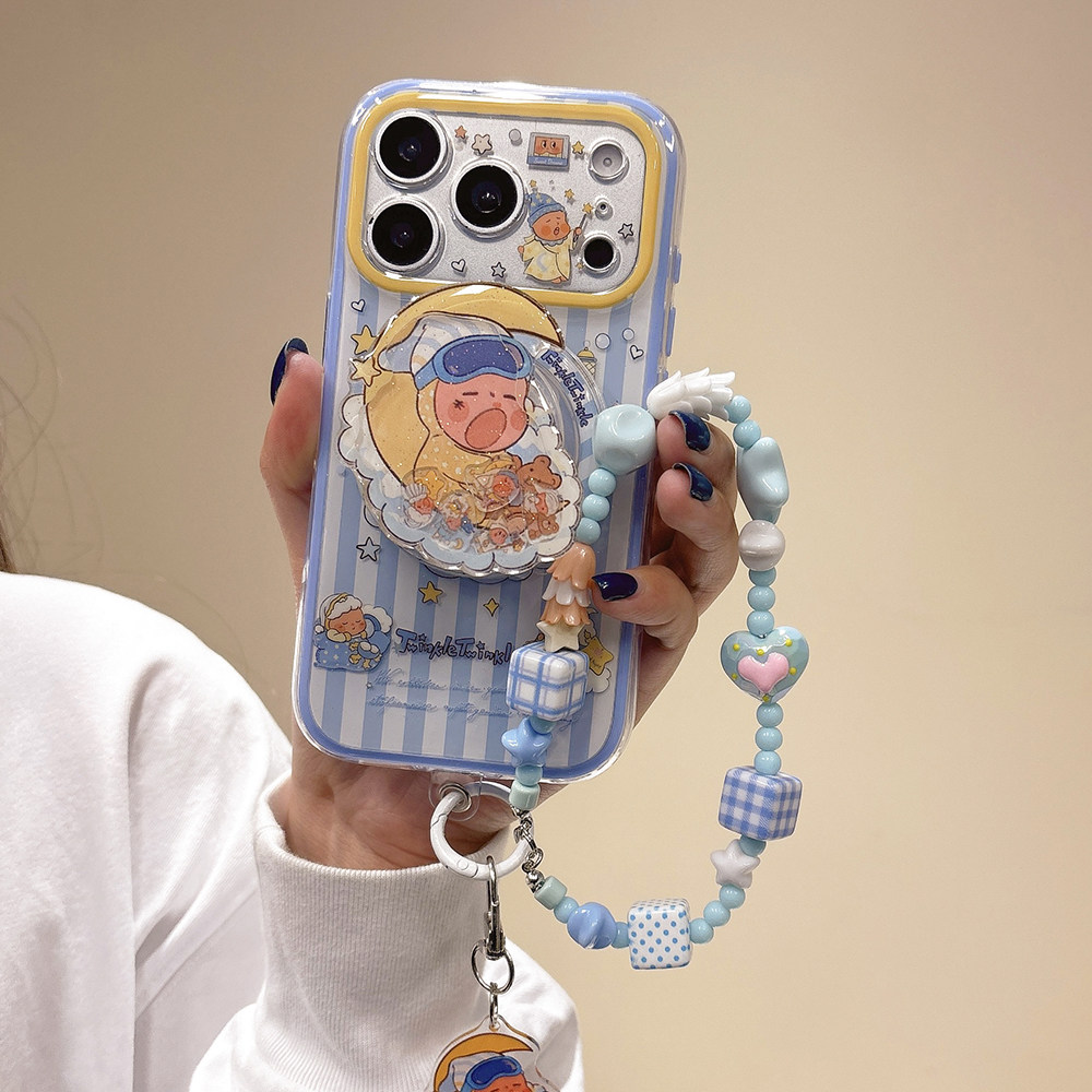 Fun and cute blue striped moon, lazy star, rocking magnetic stand suitable for Apple 17 Pro Max phone case, iPhone 16, new 15 Pro bracelet, 14 women's full coverage drop protection.