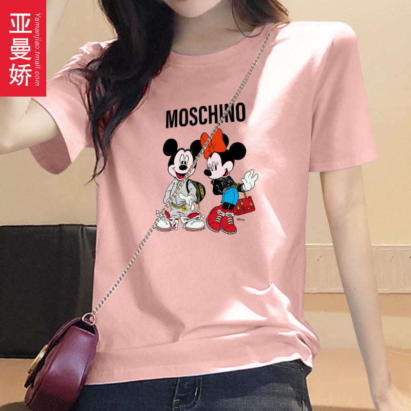2025 New Style Mickey Short-Sleeve T-Shirt for Women, Loose Fit, Student Style, Trendy Pink Pure Cotton Korean Version Mickey Mouse Top for Summer