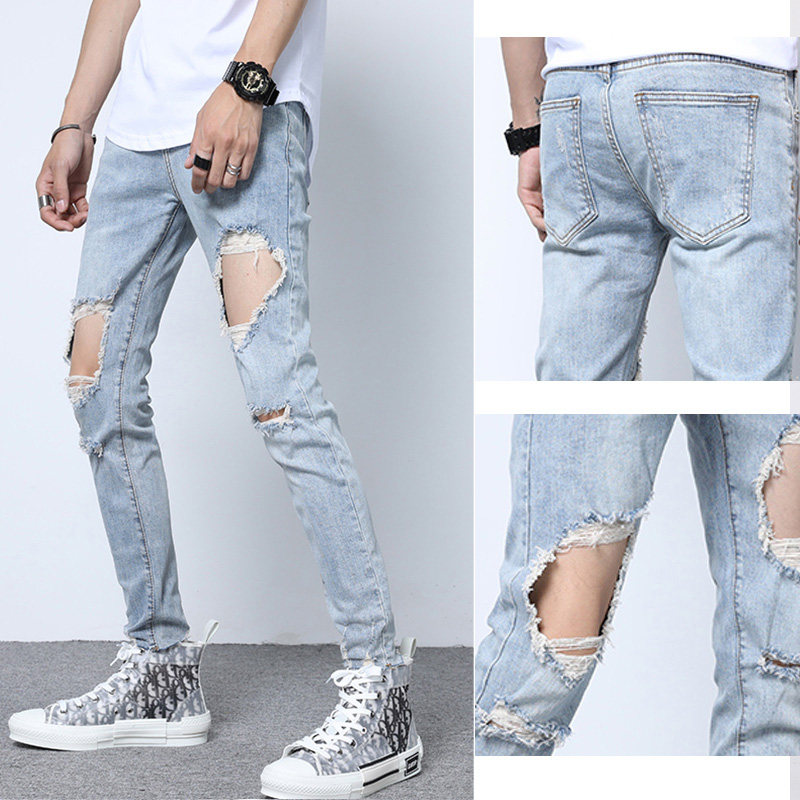Light-colored ripped jeans men's summer thin new style slim feet Korean style trendy feet trousers beggar pants
