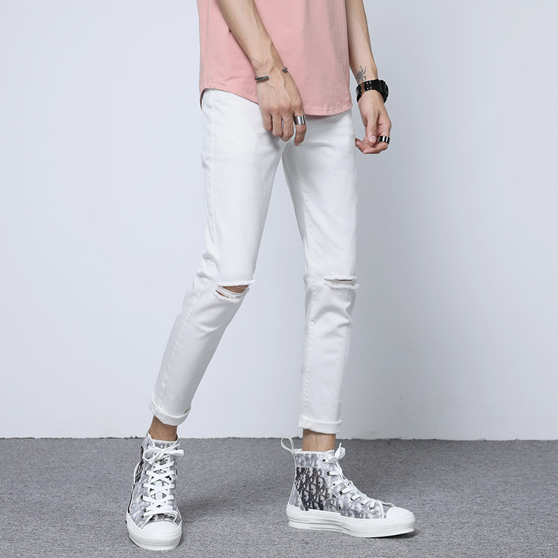 Summer white jeans men's slim feet elastic beggar knee one word hole nine points denim pants men