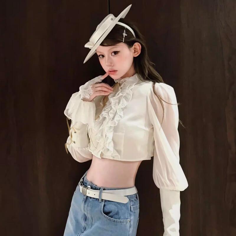 Lecyon Original [Chiyue] French Retro Lace Stand-Up Collar Long-Sleeved White Cropped Shirt