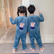 Childrens conjoined pajamas coral velvet boys autumn and winter thickened boys and girls flannel thin female baby home clothes