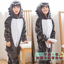Big wolf pajamas cartoon autumn and winter conjoined animals children flannel animation creative cute performance Baby cute