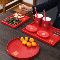 Festive Red Tray Wedding WOOD TEA TRAY ROUND RECTANGULAR CANDY TRAY WEDDING SUPPLIES TOAST WITH CUP OF TEA