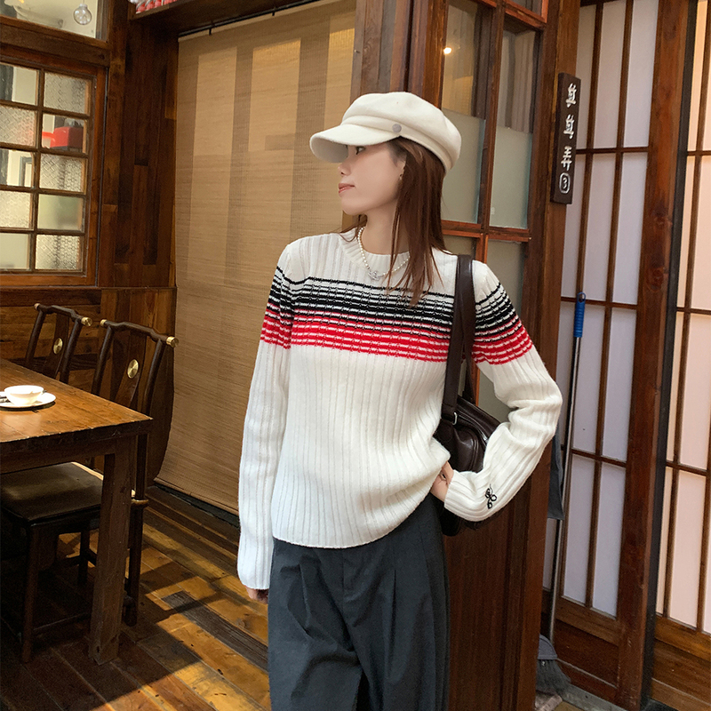 Mcc Lemons Style, Similar to a Stay-At-Home Girl's Style, British Navy Stripes, Merino Retro Stripes, Paper-Thin Slim-Fit Sweater for Women Mcc Lemons Style, Similar to a Stay-At-Home Girl's Style, British Navy Stripes, Merino Retro Stripes, Paper-Thin Slim-Fit Sweater for Women
