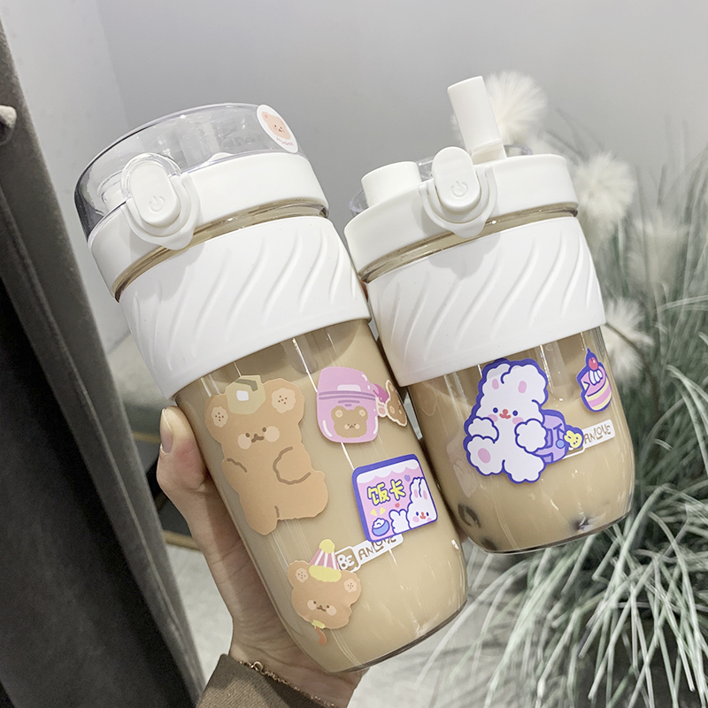 Student double use with straw water glass female high temperature resistant extra-large capacity Korean version portable cute girl plastic pot mug