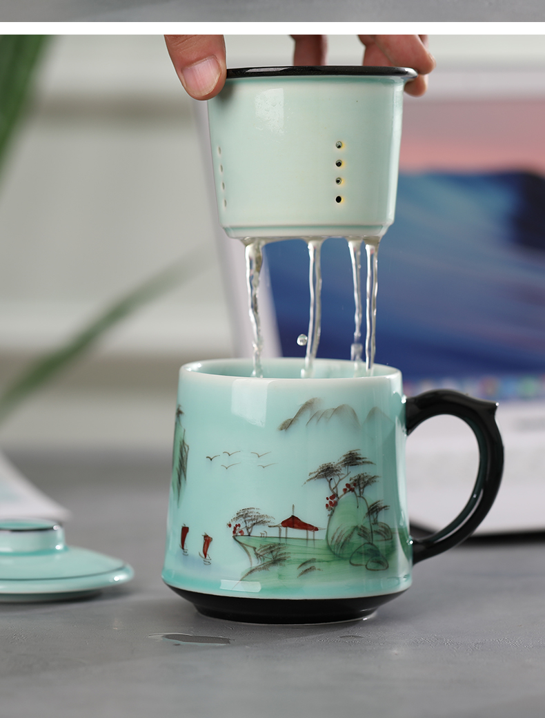 Jingdezhen ceramic cups with cover household mugs hand - made office cup men 's and women' s large capacity filter cup water