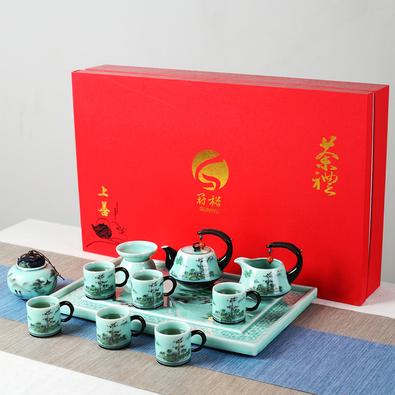 The Was suit household contracted sitting room jingdezhen hand - made ceramic teapot ground kung fu tea cups of a complete set of gift boxes