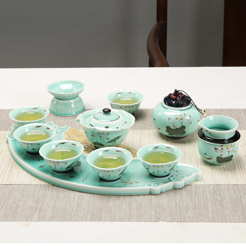 Tea set household contracted jingdezhen ceramic Tea tray was kung fu teacups hand - made lotus upscale gift set