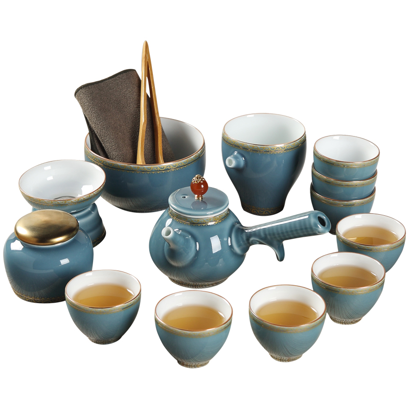 Tea sets jingdezhen ceramic household contracted and I blue side put the pot of kung fu Tea cups high - end gift box
