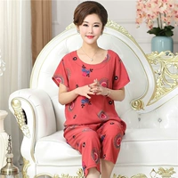 Bộ đồ ngủ nữ mùa hè mỏng phần cotton trung niên tay ngắn dịch vụ gia đình - Bộ Pajama đồ bộ dài tay mặc nhà