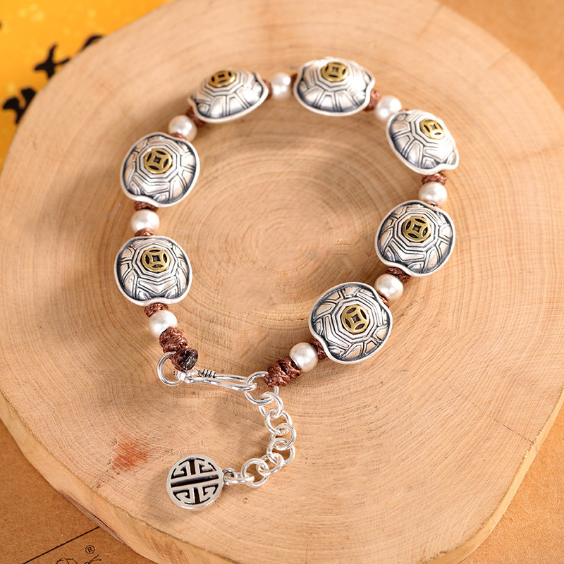 S999 Pure Silver Jewelry, Finely Crafted in Chinese Style, New Chinese Style Money Turtle Coin, Turtle Shell, Wealth and Prosperity, Unisex Bracelet, Handmade S999 Pure Silver Jewelry, Finely Crafted in Chinese Style, New Chinese Style Money Turtle Coin, Turtle Shell, Wealth and Prosperity, Unisex Bracelet, Handmade