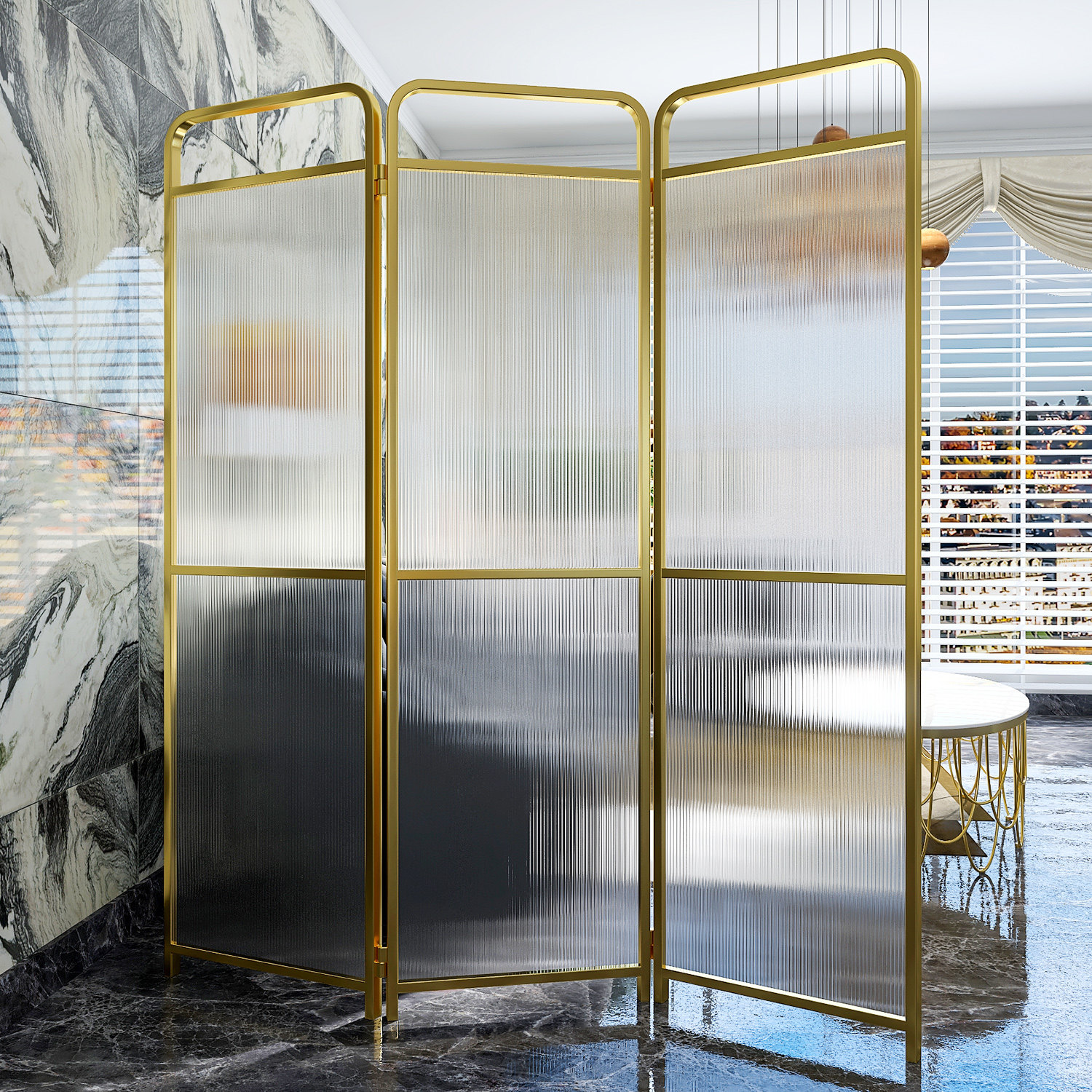 Light luxury folding removable screen partition modern simple living room entrance decorative art Changhong glass metal