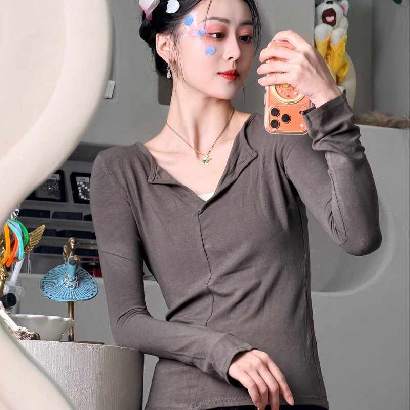 Spring Mud | Soft and Comfortable Design with Small Lapel and Slightly Flared Sleeves, Asymmetrical Long-Sleeve T-Shirt Top for Women