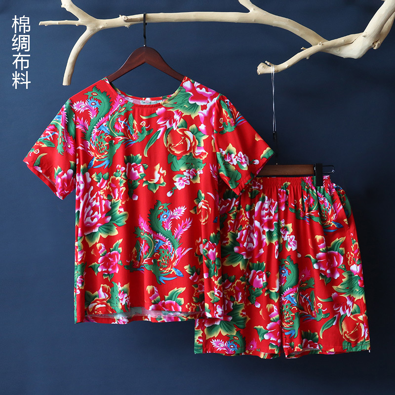 Northeastern Large Floral Cloth Clothing Summer Cotton Silk Suit Men's and Women's T-Shirt Short-Sleeved Shorts Ethnic Style Artificial Cotton Pants