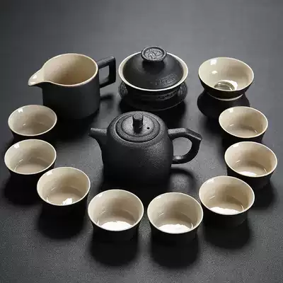 Xinyun black pottery tea cup set home kung fu tea set simple modern living room office whole set of retro black ceramics