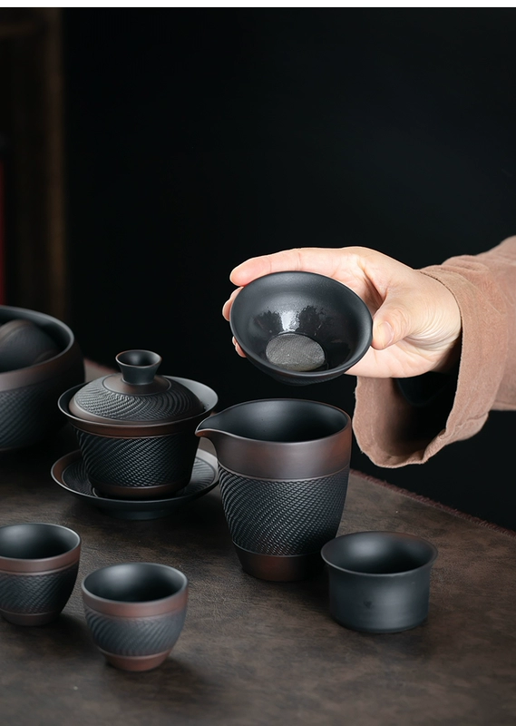 Tím gốm Kung Fu trà bộ retro hộ gia đình gốm đơn giản cát tím ấm trà bìa bát bộ hoàn chỉnh của chén trà hộp quà tặng bộ trà đạo hắc tử sa