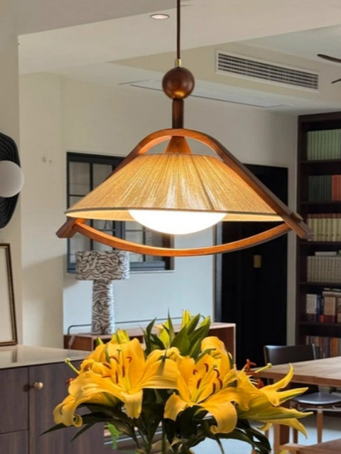 Medieval-Style Swing Restaurant Chandelier, Retro Wood Art Dining Table Bar Lamp, American Retro Creative Personality Bedroom Lighting Fixtures