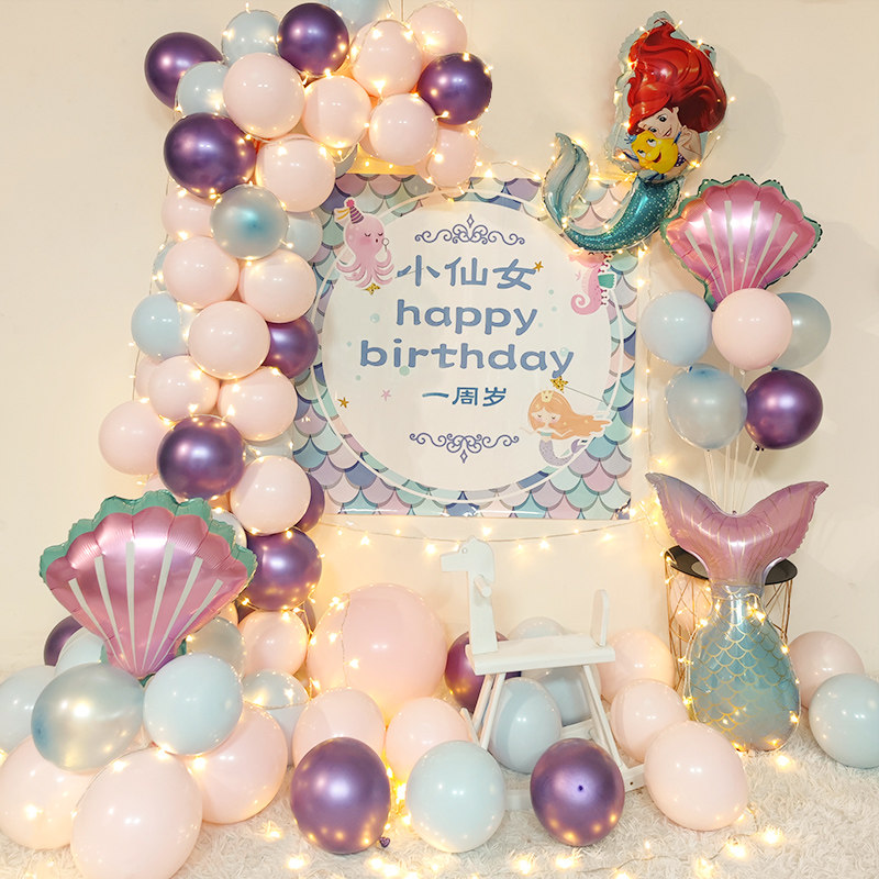 Girl Mermaid Princess Theme Balloon Poster Background Wall Scene Decorated Baby's First Birthday Party Decoration