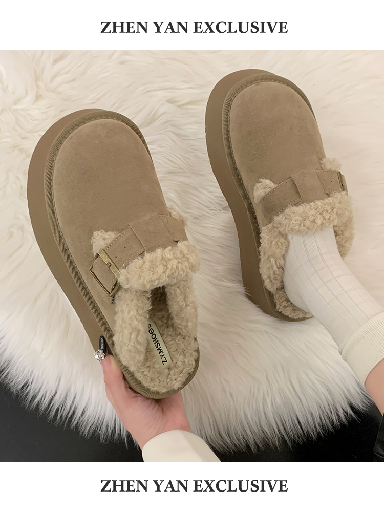 Baotou Semi-slipper Female Winter outside wearing thick bottom retro plus suede Burken 2023 new lamb wool cotton tug-Taobao