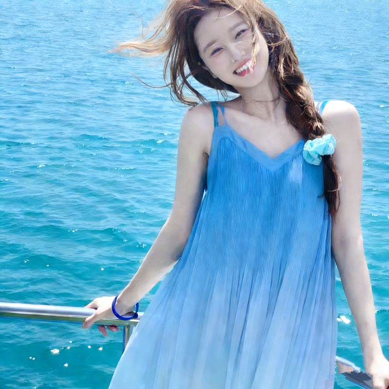 Sanya Seaside Vacation Beach Dress for Petite Women, Stunning Backless Dress, Summer 2026 New Style, Super Fairy-Like Blue Long Dress Sanya Seaside Vacation Beach Dress for Petite Women, Stunning Backless Dress, Summer 2026 New Style, Super Fairy-Like Blue Long Dress