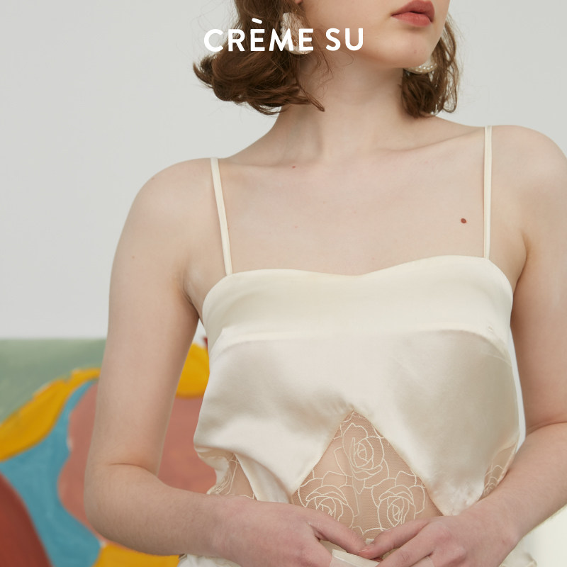 CremeSu Light Sexy Shimmer Micro-Light Series Petal Embroidery Splicing Real Silk Small Harnesses Vest Beat