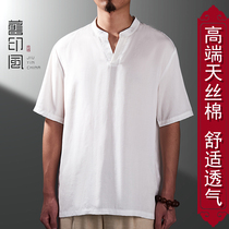 Tang suit men summer youth thin Tessel cotton short sleeve Premium V collar T-shirt Chinese style white mens 2021 New