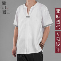 Old print Downloaded mens summer slim fit linen short sleeve T-shirt male young V collar Chinese wind mens jacket 2021 new