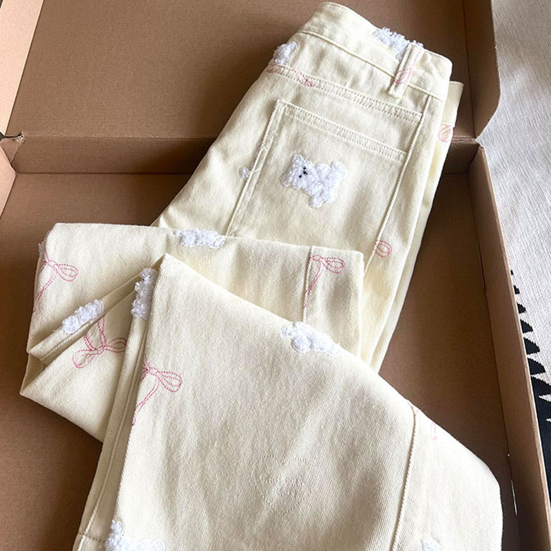 American Retro Apricot-Colored Dog Embroidery Wide-Leg Jeans for Women, New Spring and Autumn High-Waisted Loose Slimming Straight-Leg Pants American Retro Apricot-Colored Dog Embroidery Wide-Leg Jeans for Women, New Spring and Autumn High-Waisted Loose Slimming Straight-Leg Pants