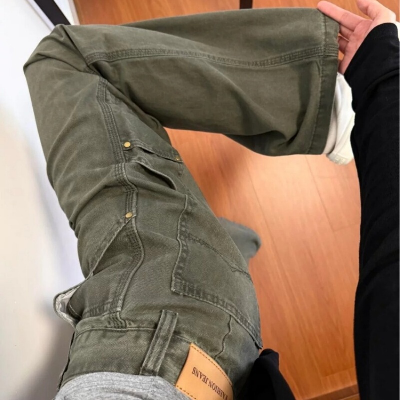 Korean-Style High Street Retro Army Green Workwear Jeans for Women, New Spring and Autumn Niche High-Waisted Loose Slimming Straight Pants