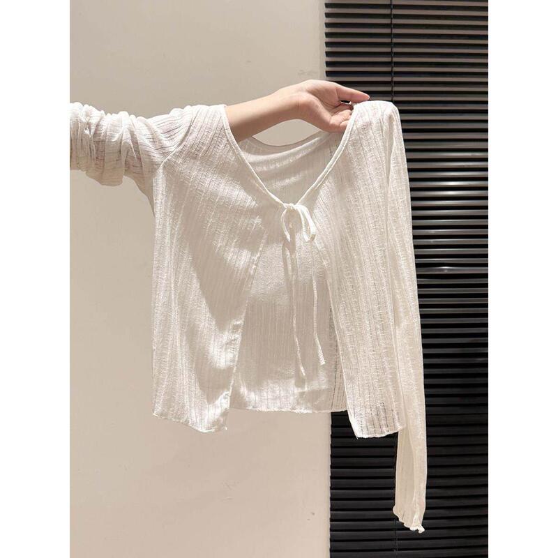 Spring and Summer Outerwear with Thin, Slightly See-Through White Sun Protection Cardigan Jacket for Women, New Style Blouse, Long-Sleeved T-Shirt Top Spring and Summer Outerwear with Thin, Slightly See-Through White Sun Protection Cardigan Jacket for Women, New Style Blouse, Long-Sleeved T-Shirt Top