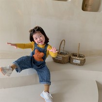 Childrens straps 2021 autumn and winter New Korean childrens clothing childrens boys and women baby denim pocket pants