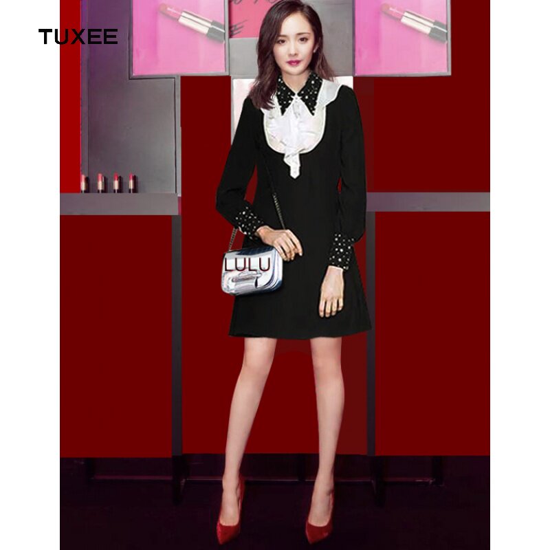 TUXEE Yang power the same paragraph 2020 new long sleeves Lotus Leaf with elegant ladies inlaid with brooch slim fit and slim fit