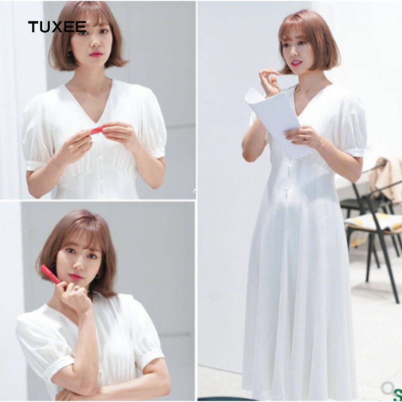 TUXEE Park Shin Hye same 2020 spring and summer new Korean version slim white V-neck niche dress for women