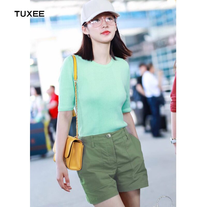 TUXEE Summer New Li Qinstar Same Refresh Mint Green Ice Wire Knitted Tops Green High Low Short