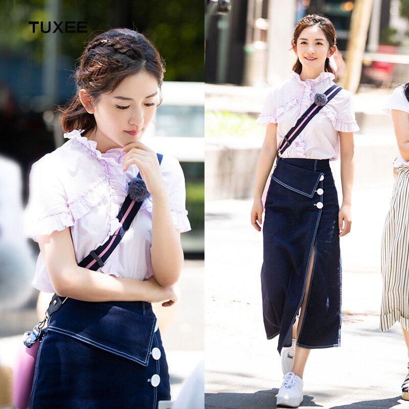 TTUXEE wife's romantic travel Sheena with the same high waist denim long skirt half body dress with lotus leaf side shirt