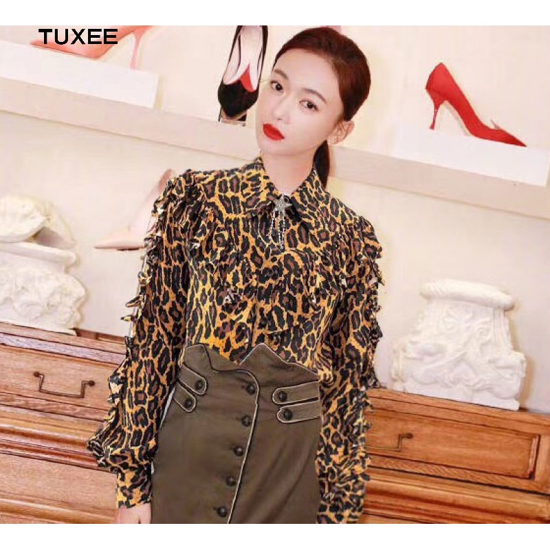 TUXEE stars with the same paragraph 20 new long sleeves BAO WEN printed shirt pentagram diamond decorated with lotus leaf side ladies