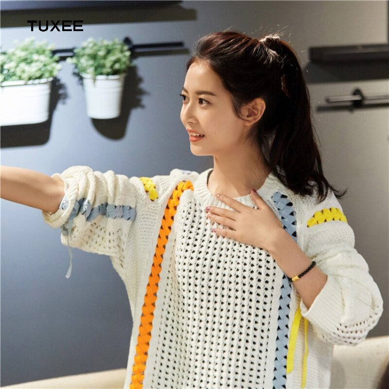 TUXEE Chen Yuqi same new white round neck contrast color tassel hollow loose casual knitted top