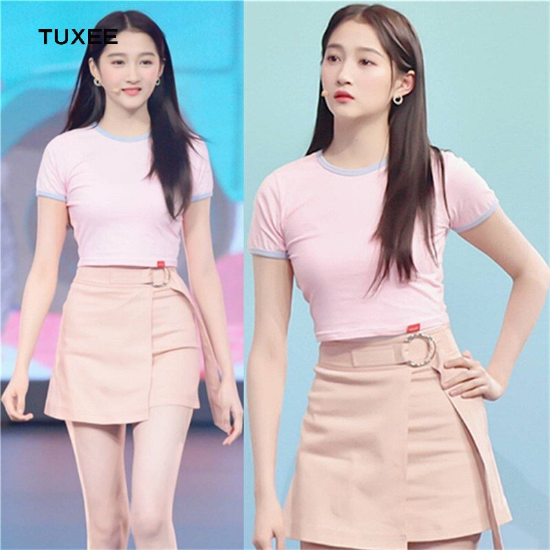 TUXEE ace vs ace Guan Xiaotong same style 20 pink T-shirt tops irregular high waist A-line short