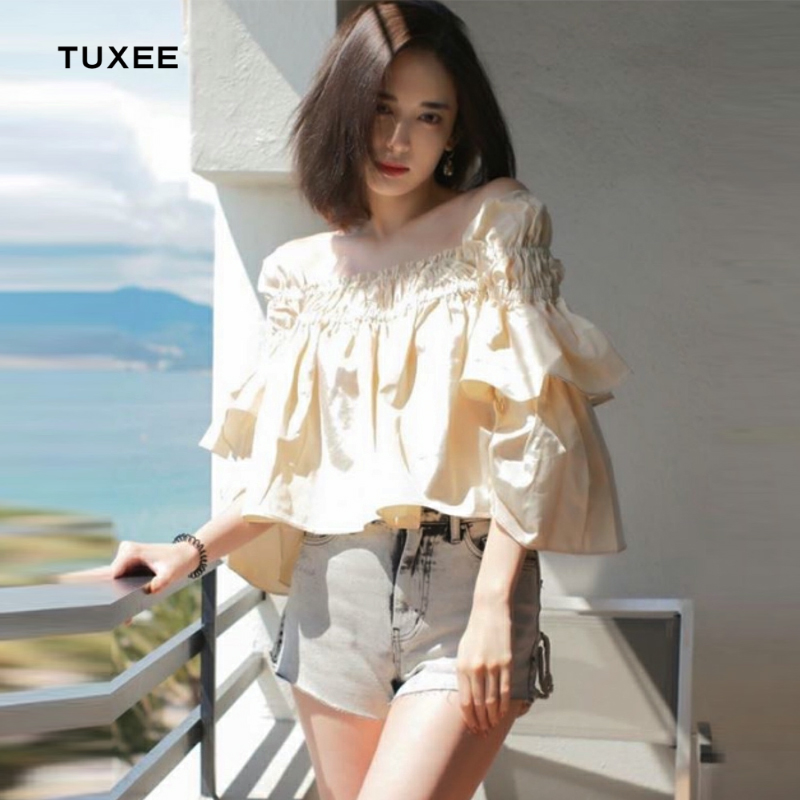 TUXEE Gurrina Zats Folds Lotus Leaf with Apricot Pink Super-Fairy-Shoulder Blouse Pair of Jeans Shorts Suit