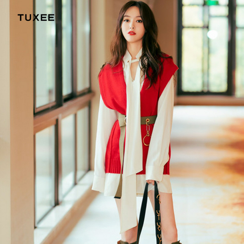 TUXEE20 autumn winter new star Tang Yan Tongan upright collar white floating with long sleeve shirt skirt red vest fur coat