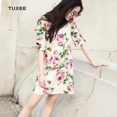 TUXEE Dili Reba with the same temperament elegant round neck short skirt thin rose print button dress female