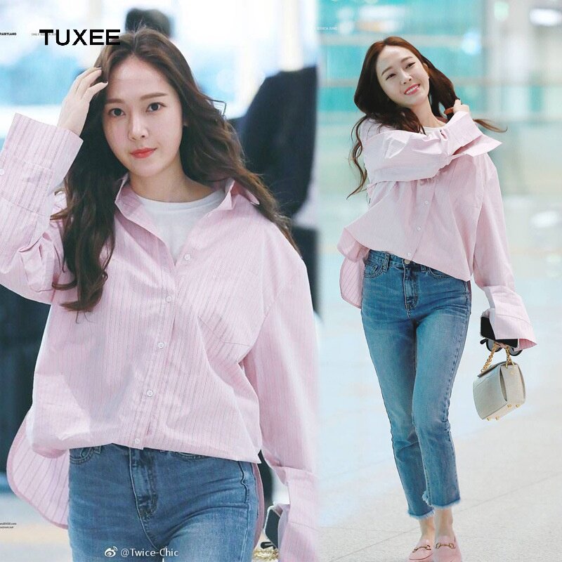 TUXEE early spring new Zheng Xiuyan IU Sun art treasures the same powder pink shirt striped loose blouses Korean version