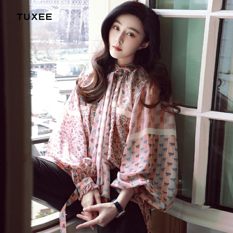 TUXEE Fan Bingbing in the same section 20 autumn and summer new sweet pink printed lantern sleeves lace shirt blouses woman