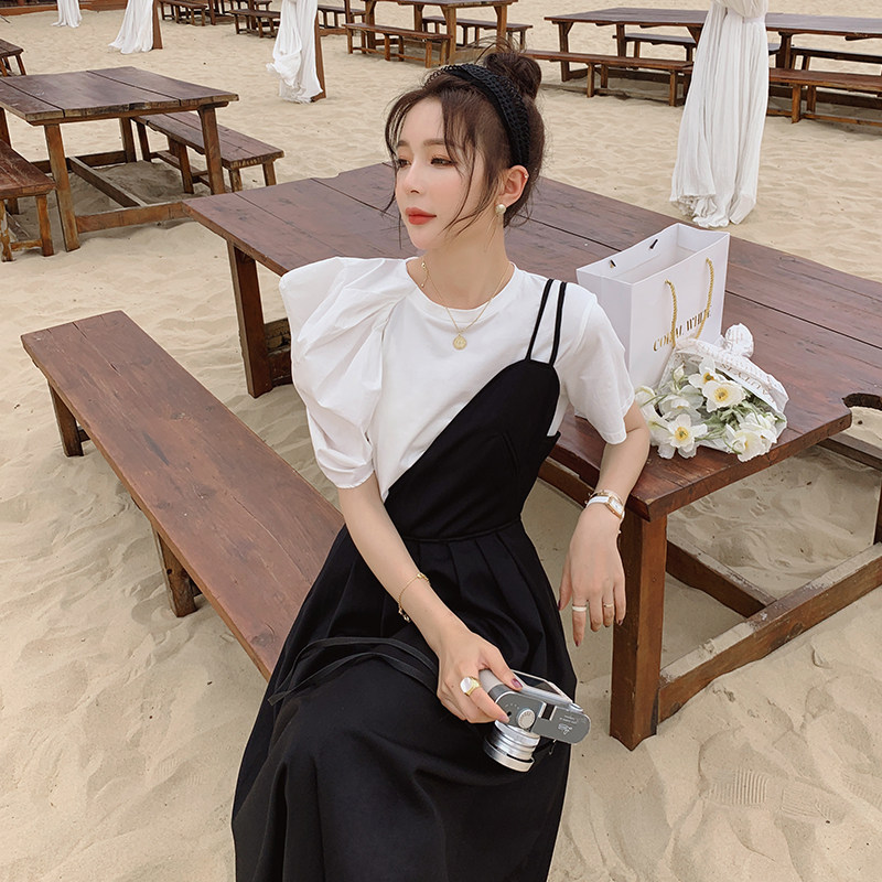Style Harness Ocean Dress Woman Summer 2022 New Bubble Cuff T-shirt Skirt Suit Harbor Wind Retro Chic Two Sets
